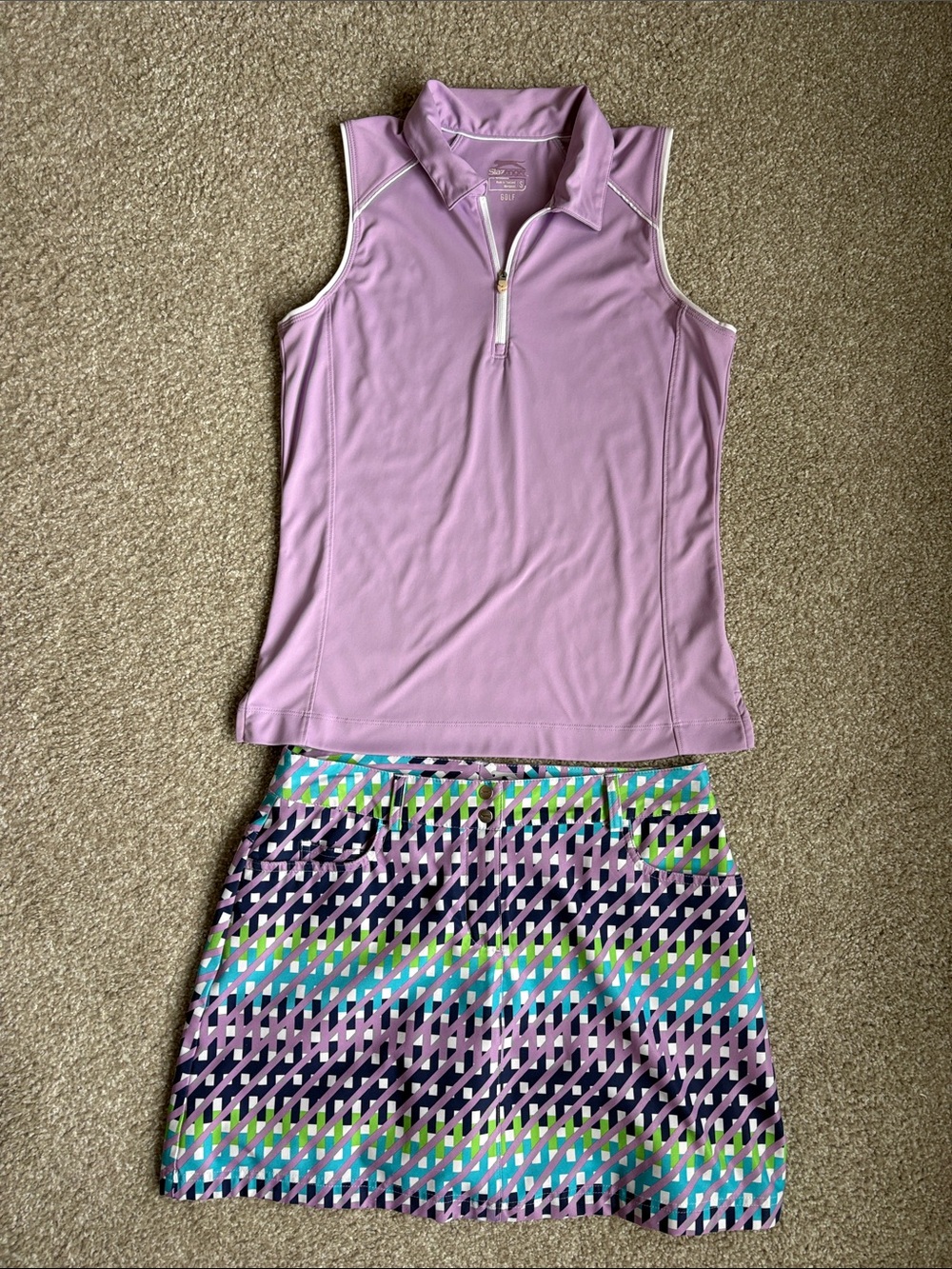 Slazenger Lavender Sleeveless Golf Top with Multicolor Geometric Skort